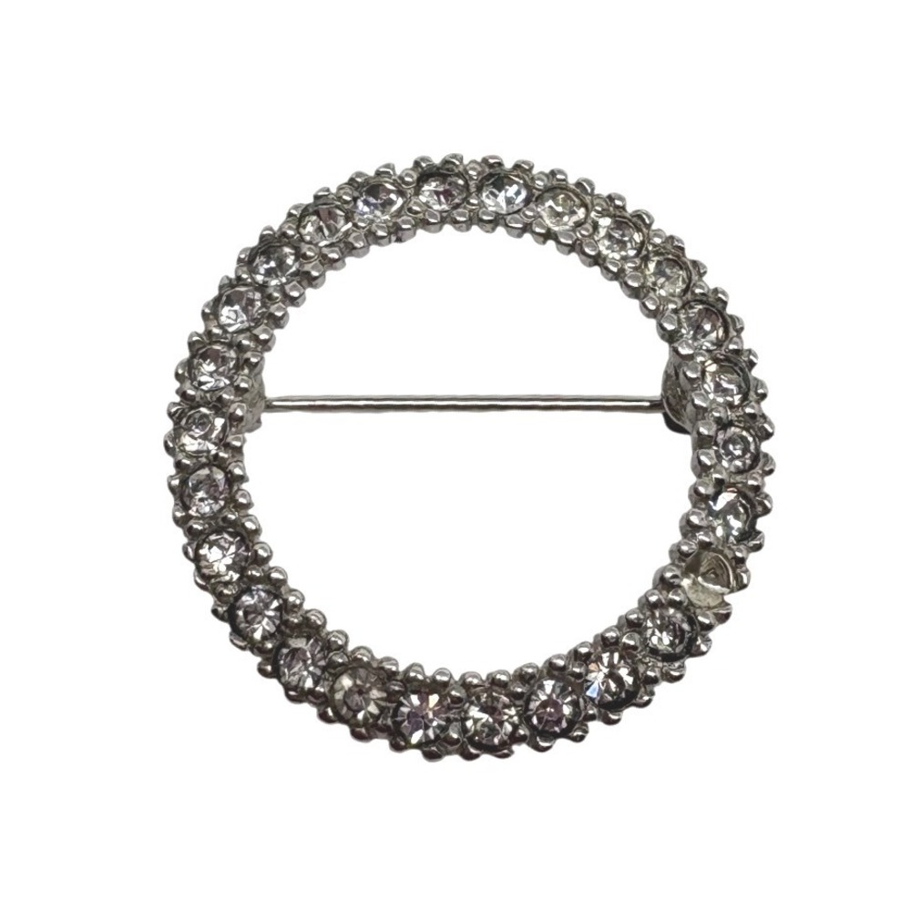 Silver Tone Clear Rhinestone Circle Wreath Brooch Pin 1.25 Inch Sparkly Dressy